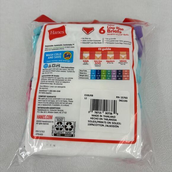 Hanes Low Rise Briefs Gril's Size 12 Cotton 6 Pack Tagless No Ride Up - Picture 5 of 6
